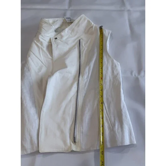VINCE Asymmetric Leather Linen Moto Vest Sz L Cream Ivory White Zip MSRP $625